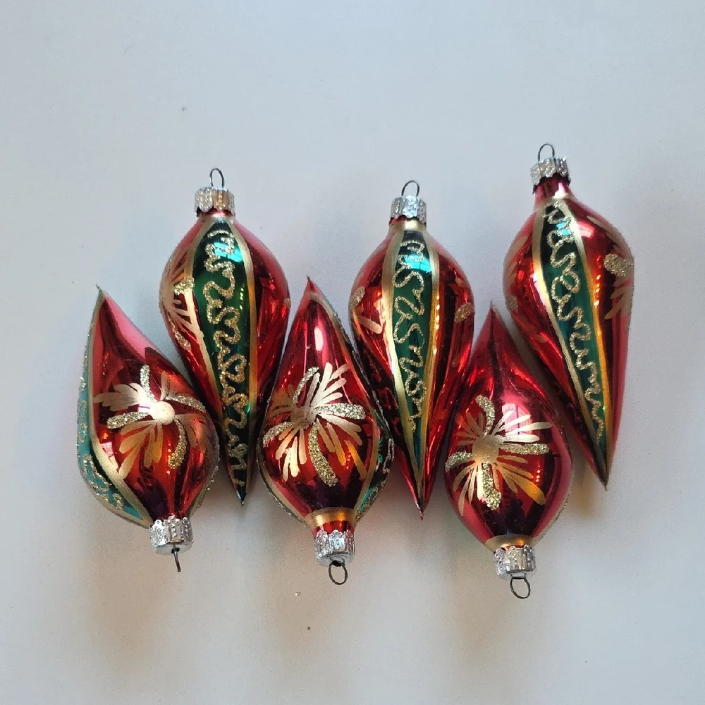 Vintage Holiday Ornaments Set Of 6 - Glass With Glitter Accents